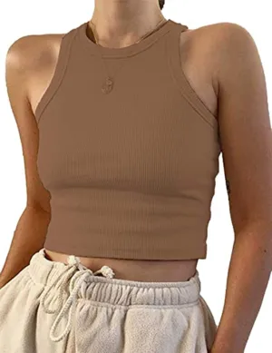 MISSACTIVER Women Basic Sleeveless Vest Crop Tank Top Casual Crew Neck Binding Crop Top