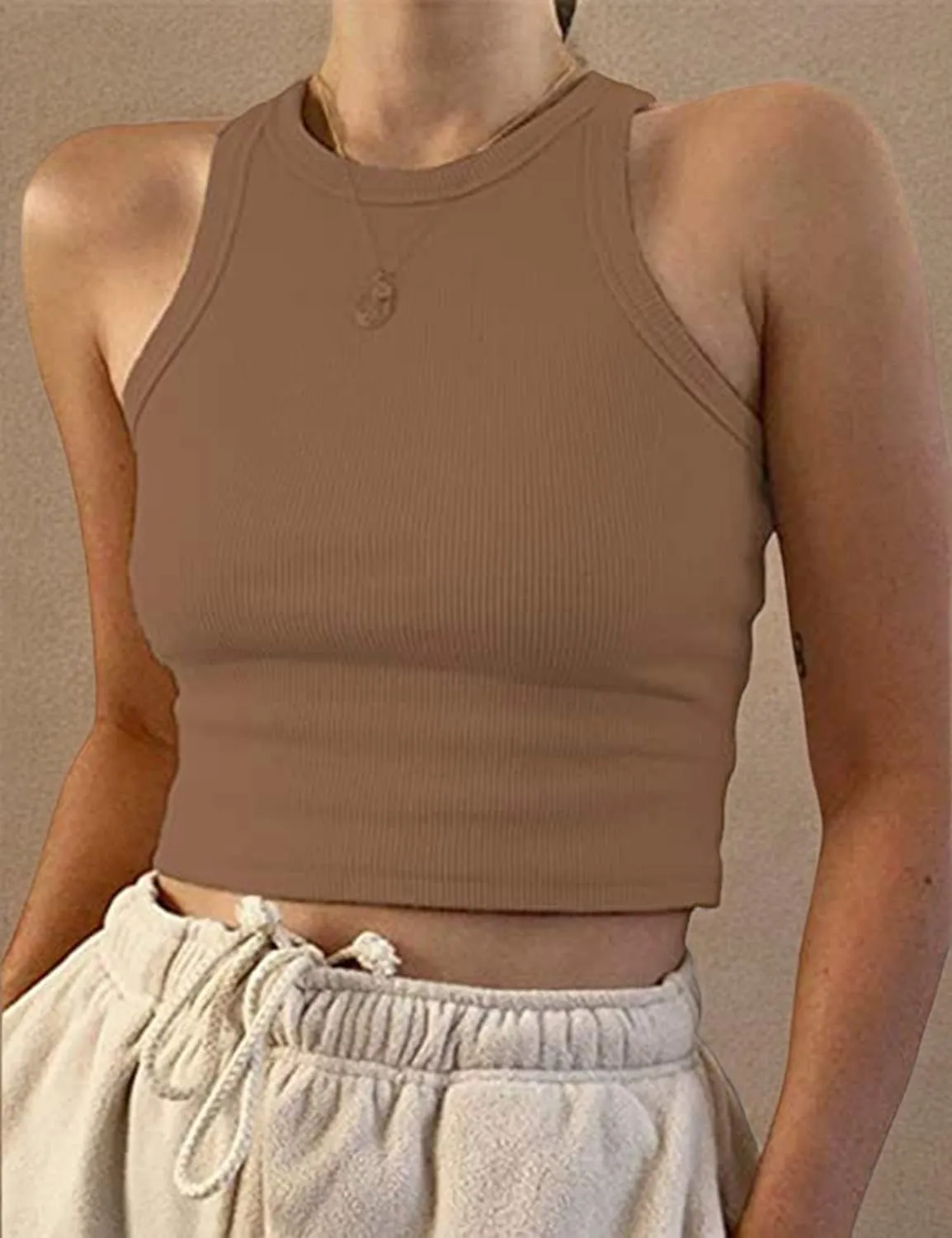 MISSACTIVER Women Basic Sleeveless Vest Crop Tank Top Casual Crew Neck Binding Crop Top