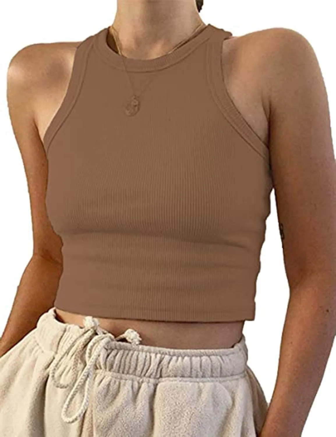 MISSACTIVER Women Basic Sleeveless Vest Crop Tank Top Casual Crew Neck Binding Crop Top