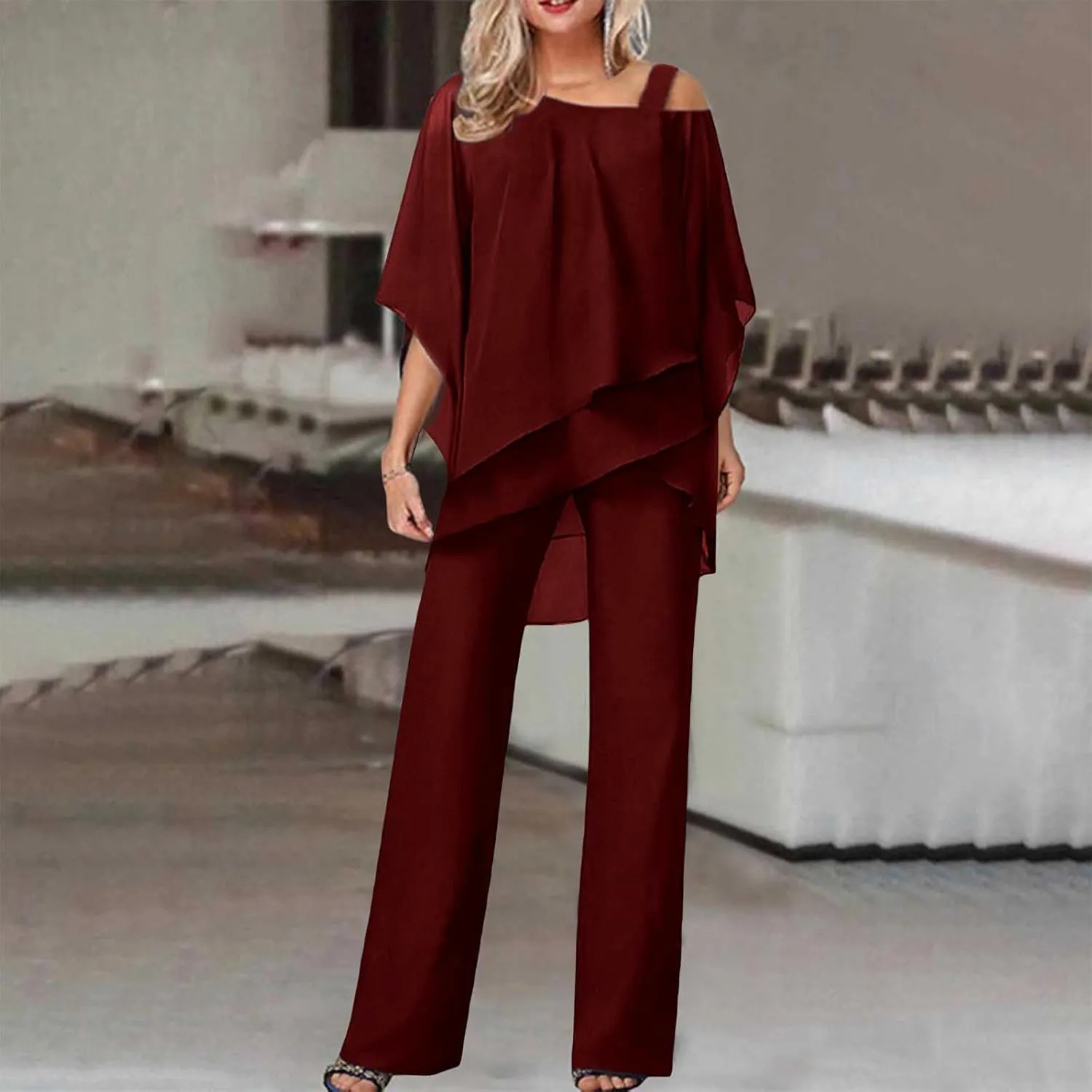 Miyaomn Elegant Pantsuit for Women 2 Piece Half Sleeve Cold Shoulder Hi-Low Top and Long Dress Pants Set Wedding Party Outfit