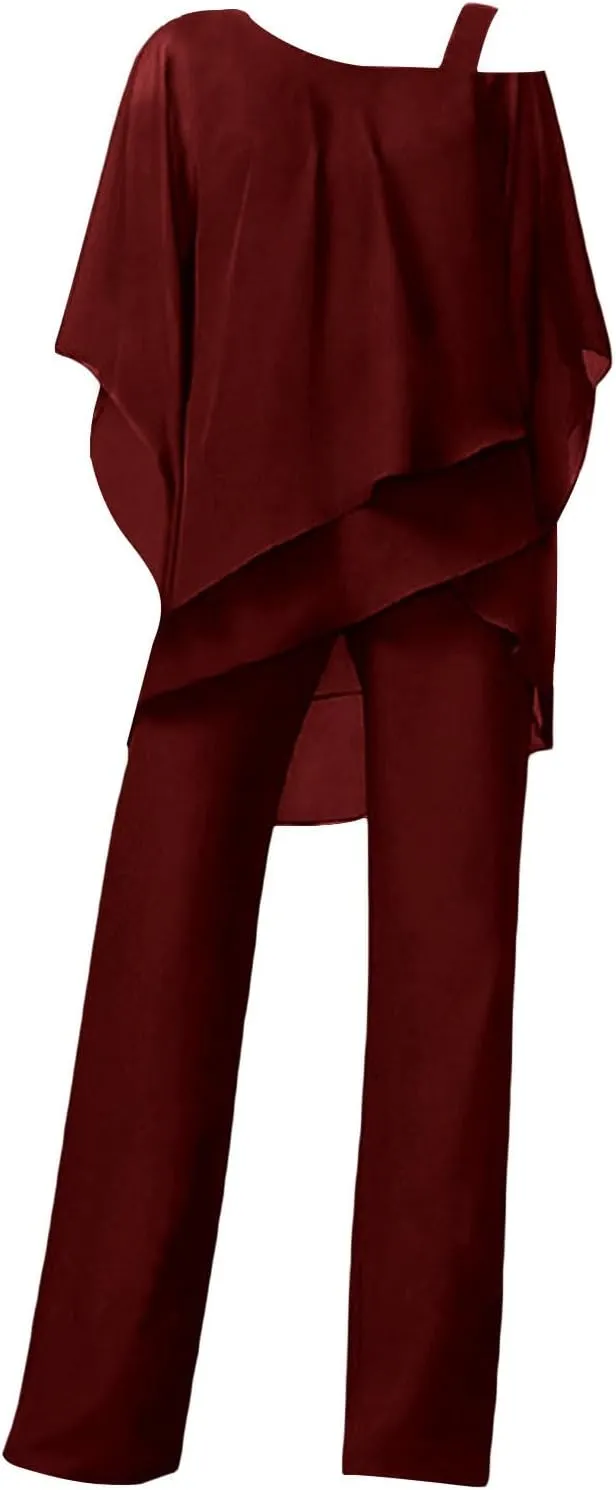 Miyaomn Elegant Pantsuit for Women 2 Piece Half Sleeve Cold Shoulder Hi-Low Top and Long Dress Pants Set Wedding Party Outfit