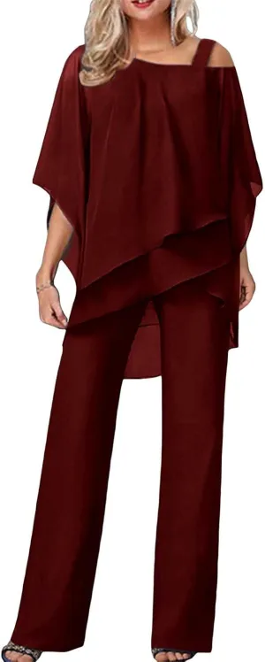 Miyaomn Elegant Pantsuit for Women 2 Piece Half Sleeve Cold Shoulder Hi-Low Top and Long Dress Pants Set Wedding Party Outfit