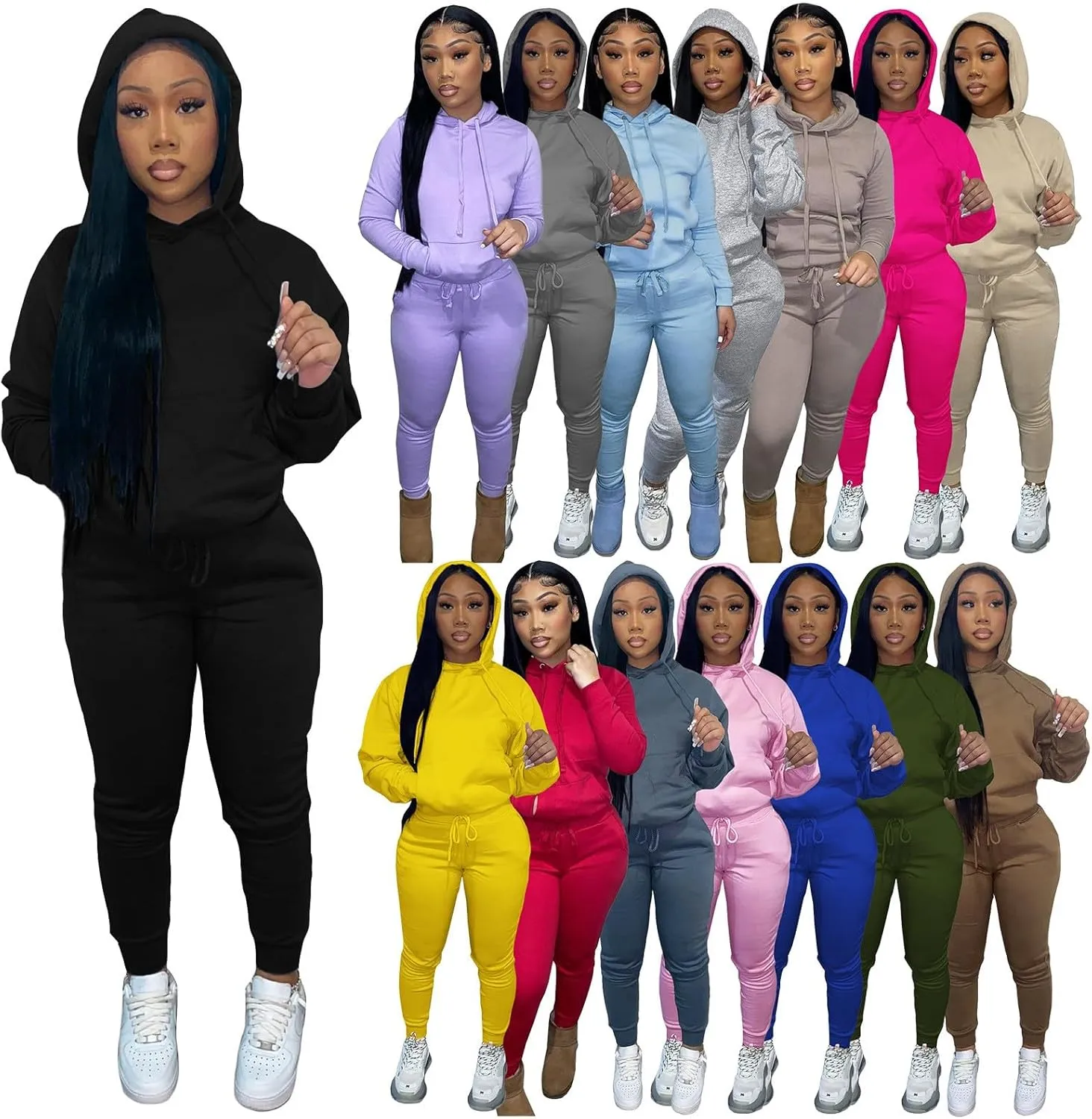 Miyaomn Women Casual Fall Winter Running Sweatsuits Warm Slim Fit Long Sleeve Hooded Pullover Top and Jogger Pants Set Outfit