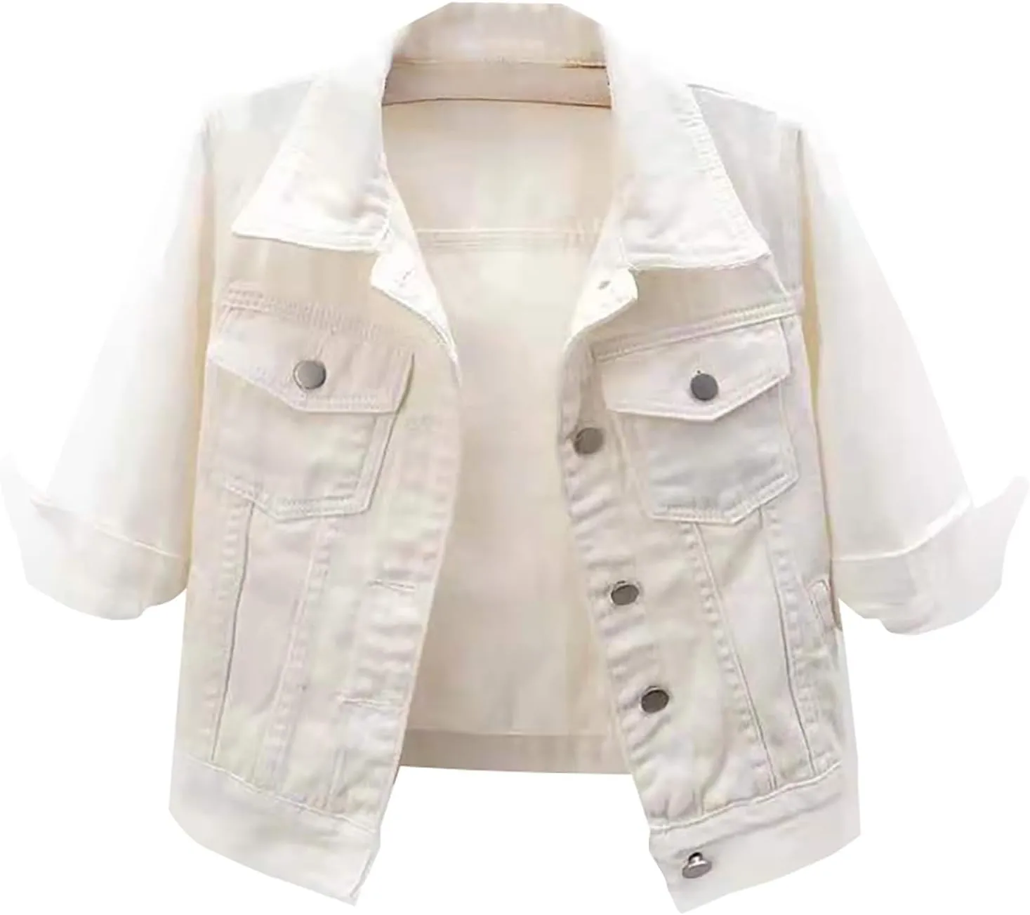 Miyaomn Womens 3/4 Sleeve Short Denim Jacket Lapel Collared Button Down Cropped Jean Jackets Pockets Casual Work Trucker Coat