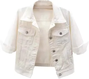 Miyaomn Womens 3/4 Sleeve Short Denim Jacket Lapel Collared Button Down Cropped Jean Jackets Pockets Casual Work Trucker Coat