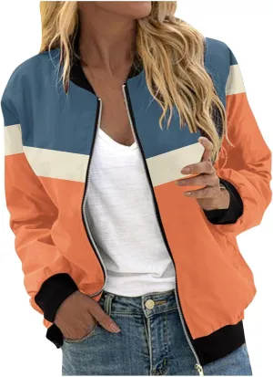 Mmoneyake Fall Jackets for Women 2024 Color Block Zip Up Bomber Jacket Casual Coat Stand Collar Lightweight Short Outwear Top