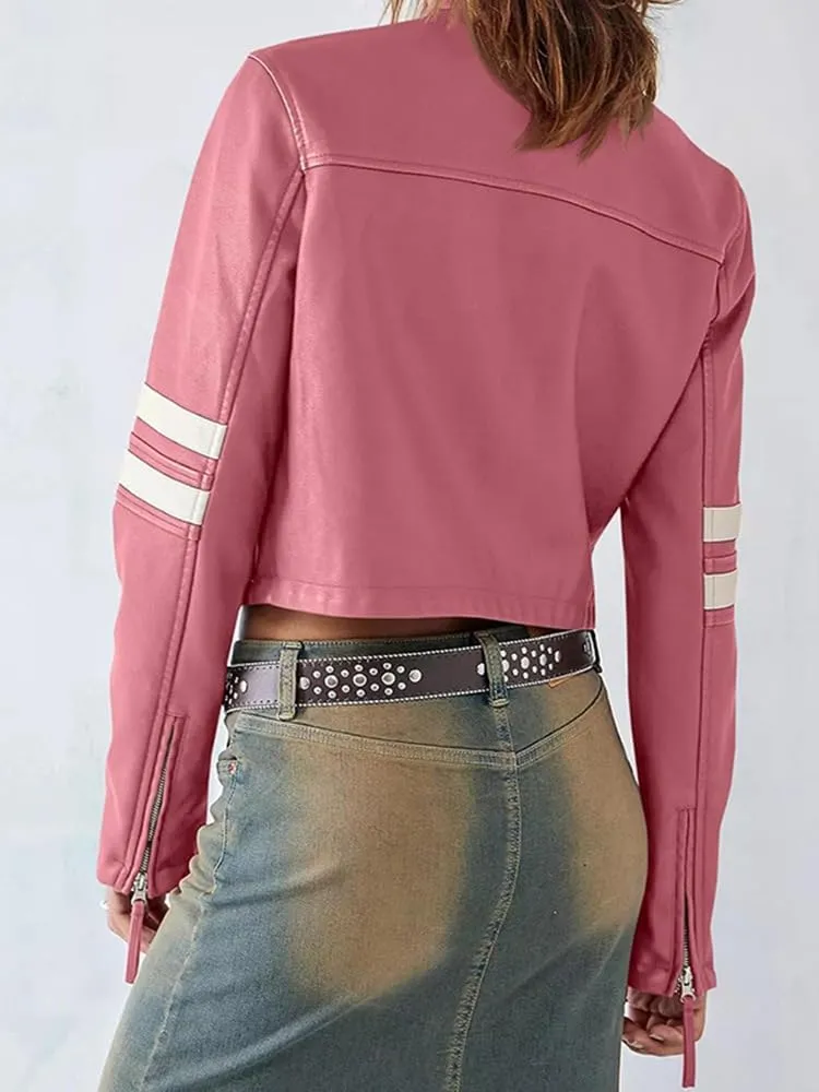 Molilove Leather Jacket Cropped Jacket Motorcycle Jacket for Women Zip Bomber Jacket Women Faux Leather Jacket with Pockets