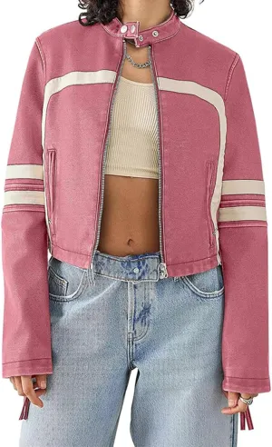Molilove Leather Jacket Cropped Jacket Motorcycle Jacket for Women Zip Bomber Jacket Women Faux Leather Jacket with Pockets