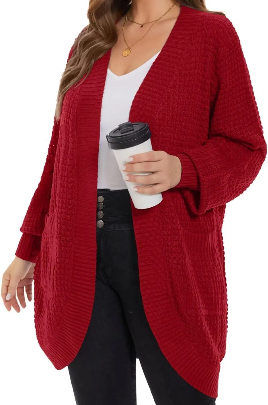 MONNURO Womens Plus Size Open Front Cardigan Waffle Knit Long Sleeve Sweaters Tops 2025 Fall Coat Outerwear with Pockets