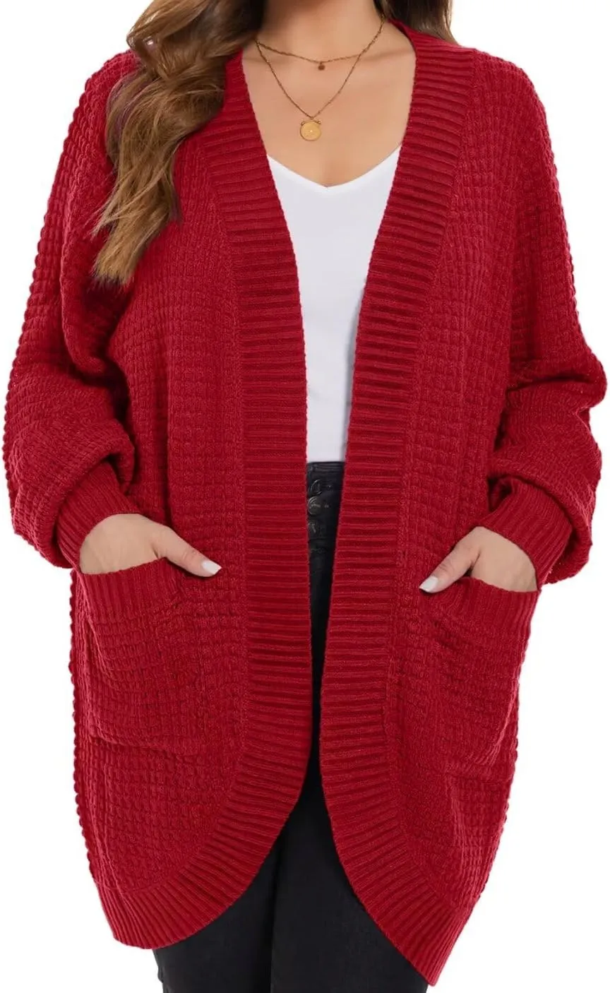 MONNURO Womens Plus Size Open Front Cardigan Waffle Knit Long Sleeve Sweaters Tops 2025 Fall Coat Outerwear with Pockets