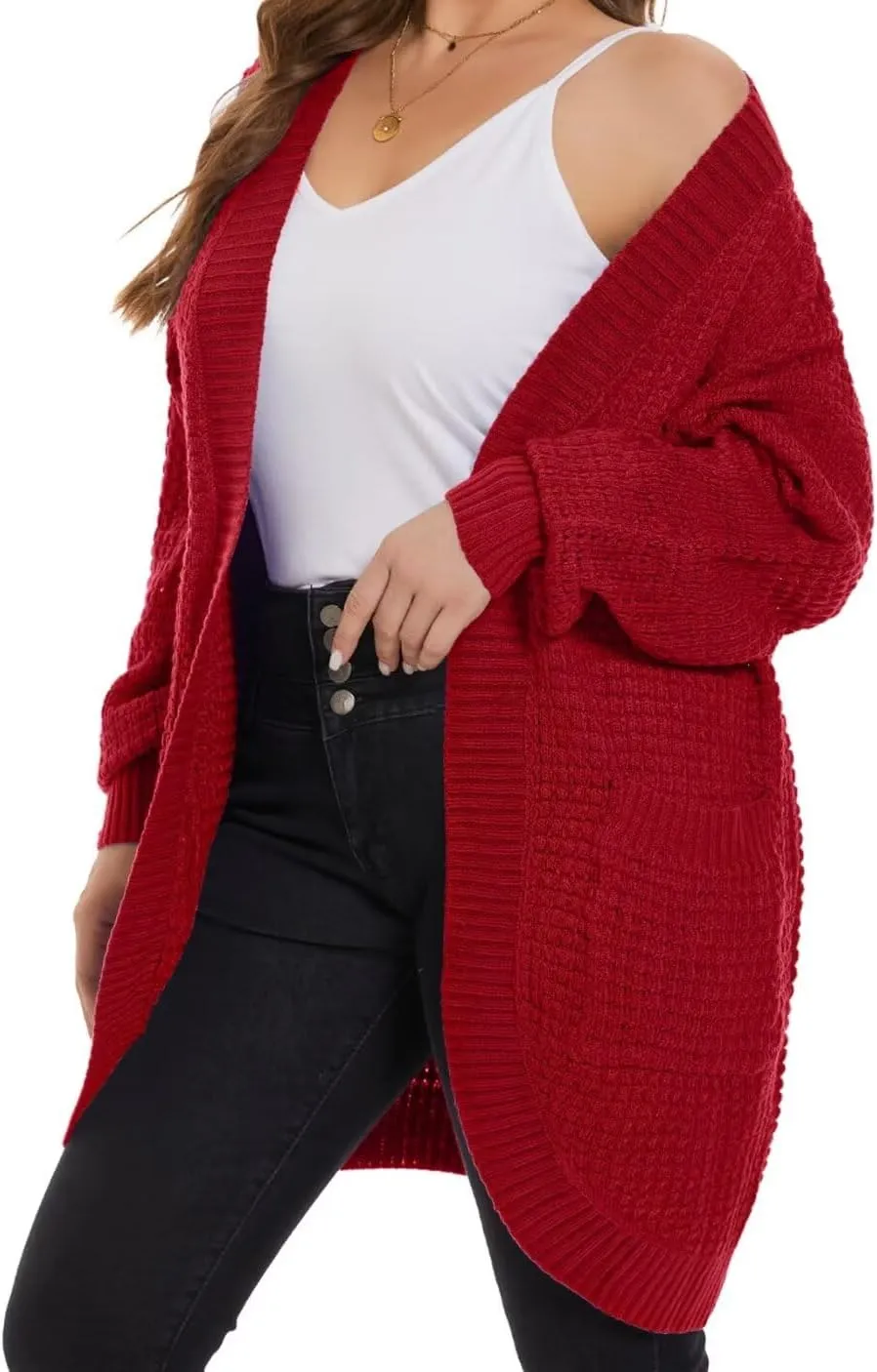 MONNURO Womens Plus Size Open Front Cardigan Waffle Knit Long Sleeve Sweaters Tops 2025 Fall Coat Outerwear with Pockets