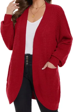 MONNURO Womens Plus Size Open Front Cardigan Waffle Knit Long Sleeve Sweaters Tops 2025 Fall Coat Outerwear with Pockets