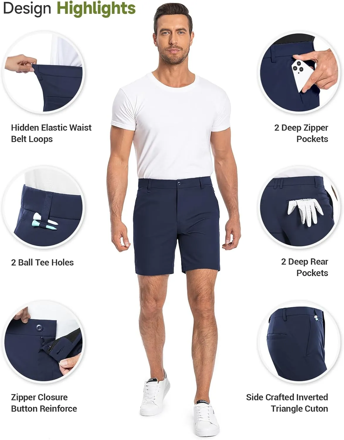 Moosehill Mens Golf Dress Casual Shorts 7" 10" Quick Dry Stretch Anti-Wrinkle Flat Front with 4 Pockets for Work Hybrid Chino