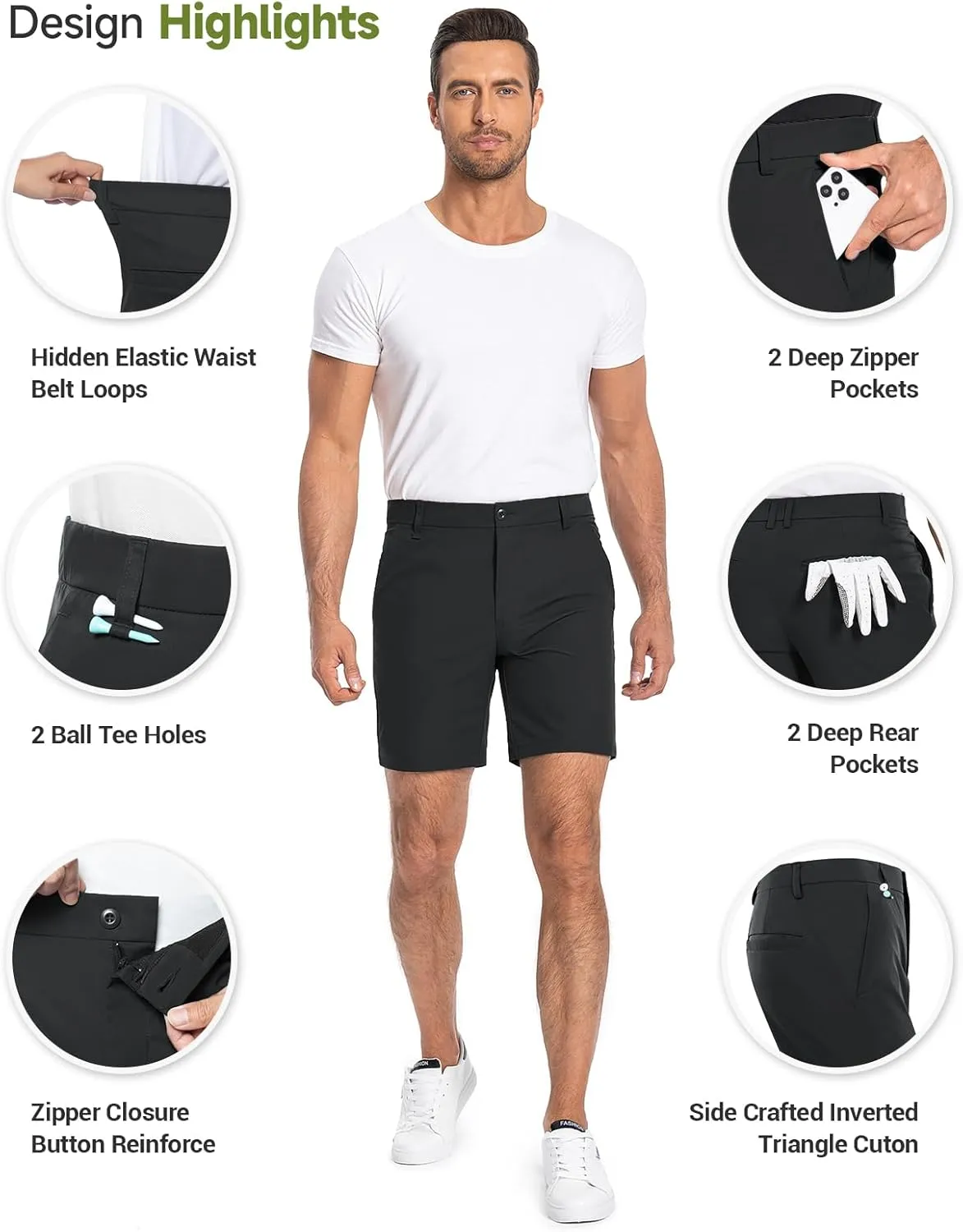Moosehill Mens Golf Dress Casual Shorts 7" 10" Quick Dry Stretch Anti-Wrinkle Flat Front with 4 Pockets for Work Hybrid Chino