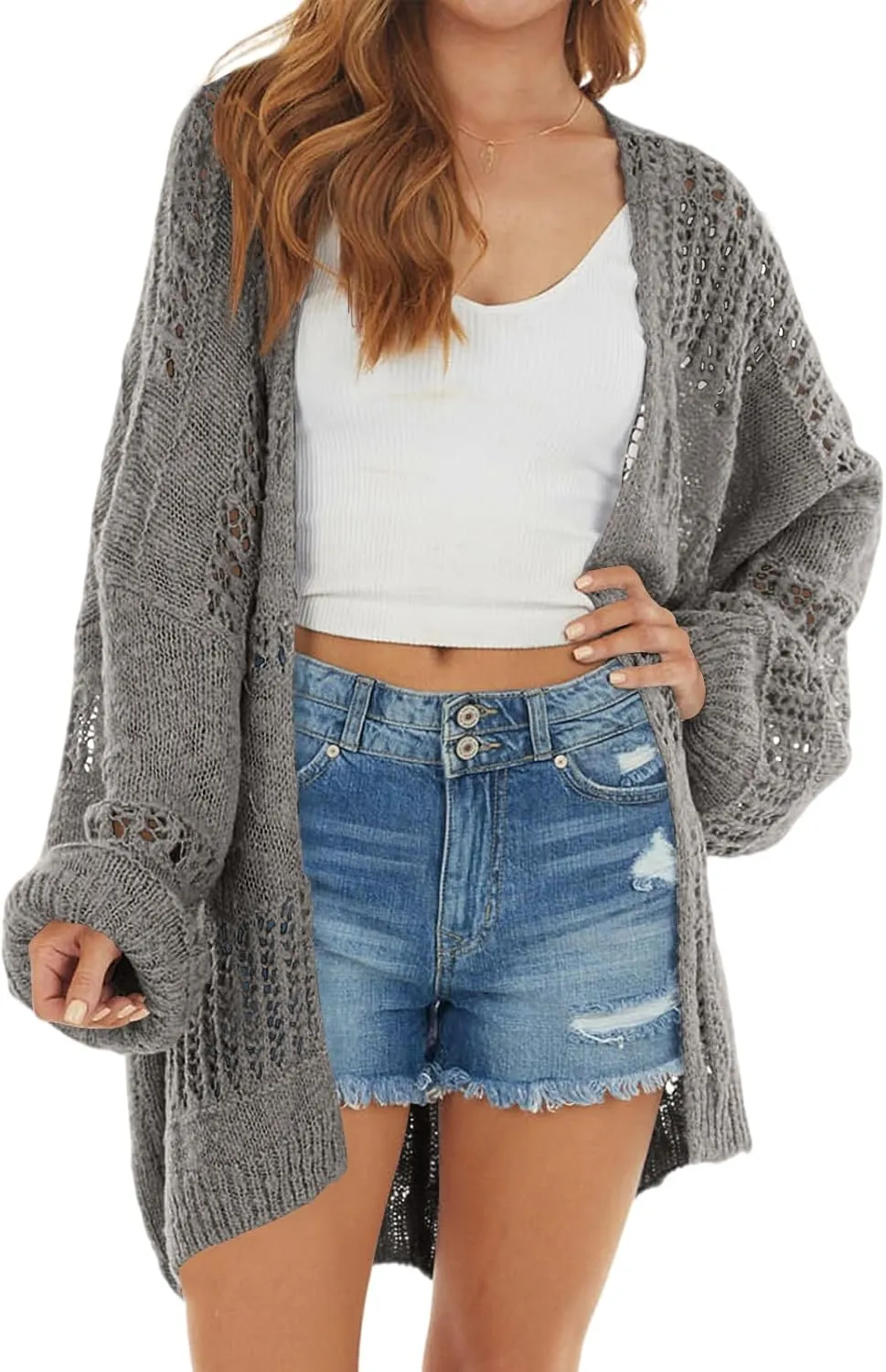 Newffr Womens Lightweight Crochet Oversized Cardigan Sweaters Kimono Boho Long Sleeve Open Front Knitted Cover Ups