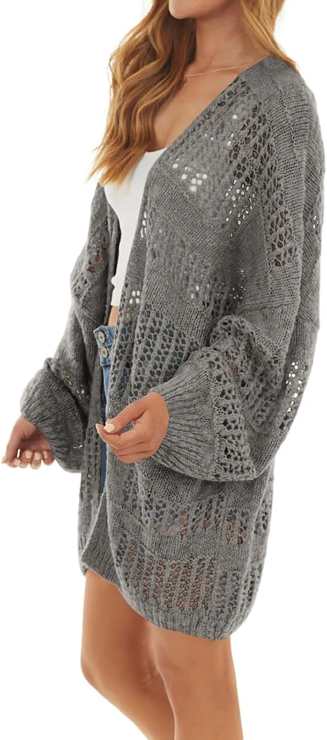 Newffr Womens Lightweight Crochet Oversized Cardigan Sweaters Kimono Boho Long Sleeve Open Front Knitted Cover Ups
