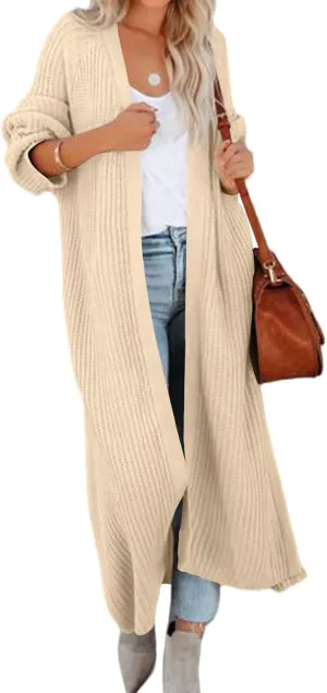 Newffr Women's Open Front Maxi Long Knitted Cardigan Solid Casual Loose Cable Sweater Coat Outwear
