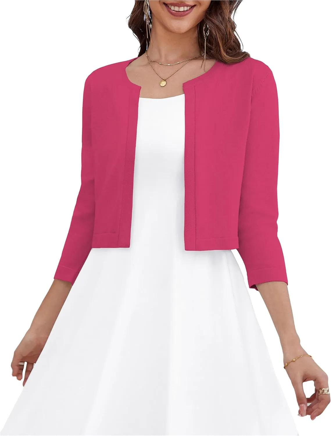 OmicGot Women's 3/4 Sleeve Open Front Knit Cropped Bolero Shrug Cardigan Sweater for Women S-XL