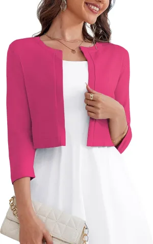 OmicGot Women's 3/4 Sleeve Open Front Knit Cropped Bolero Shrug Cardigan Sweater for Women S-XL