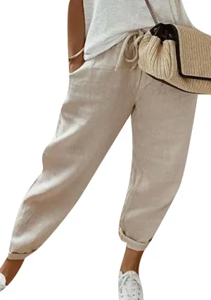 OMZIN Women Drawstring Loose High Waist Pants Casual Soft Trousers Solid Color Holiday Slacks