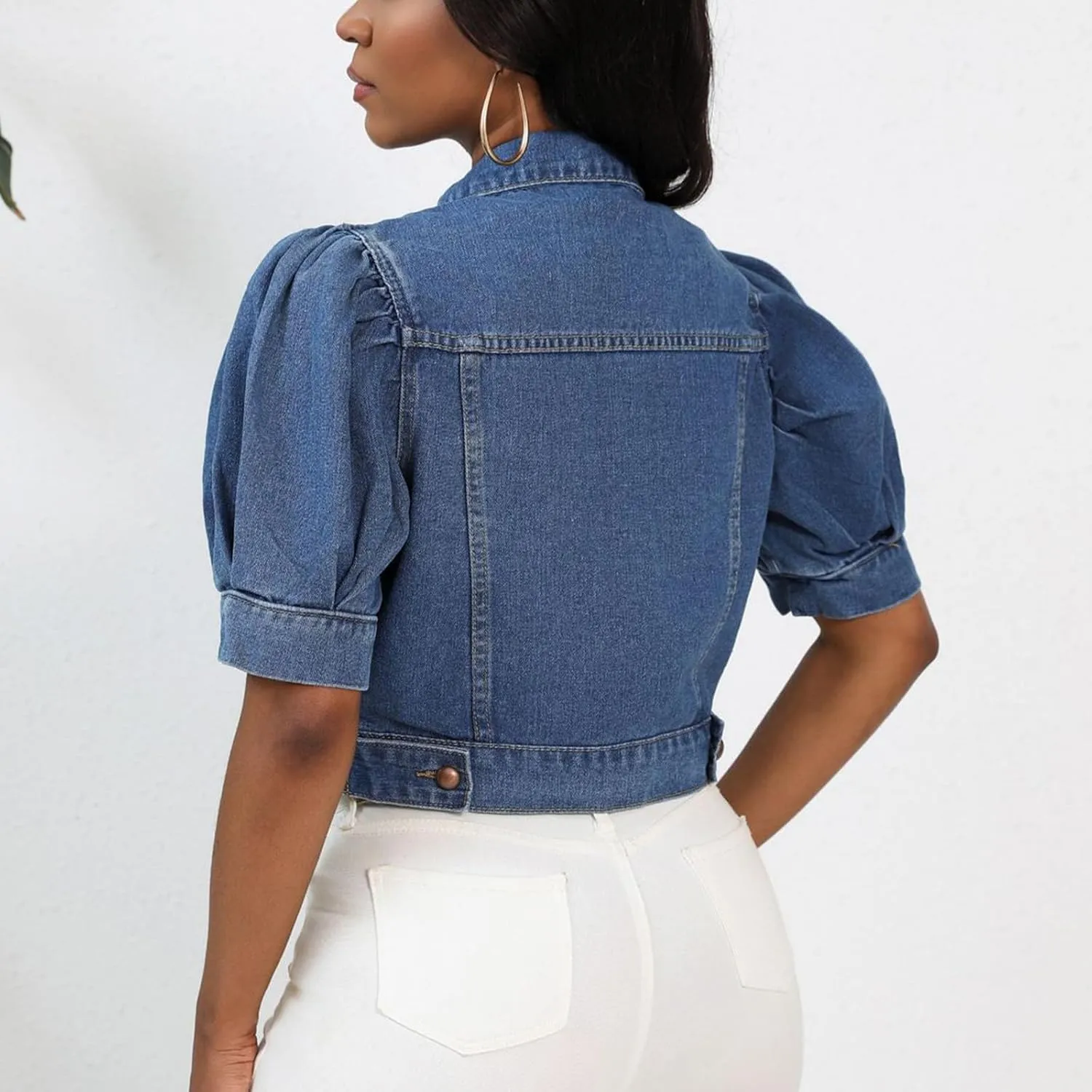 Oplxuo Women's Cute Puff Short Sleeve Denim Crop Top Slim Fit Cropped Jean Jacket Lapel Button Down Denim Outerwear