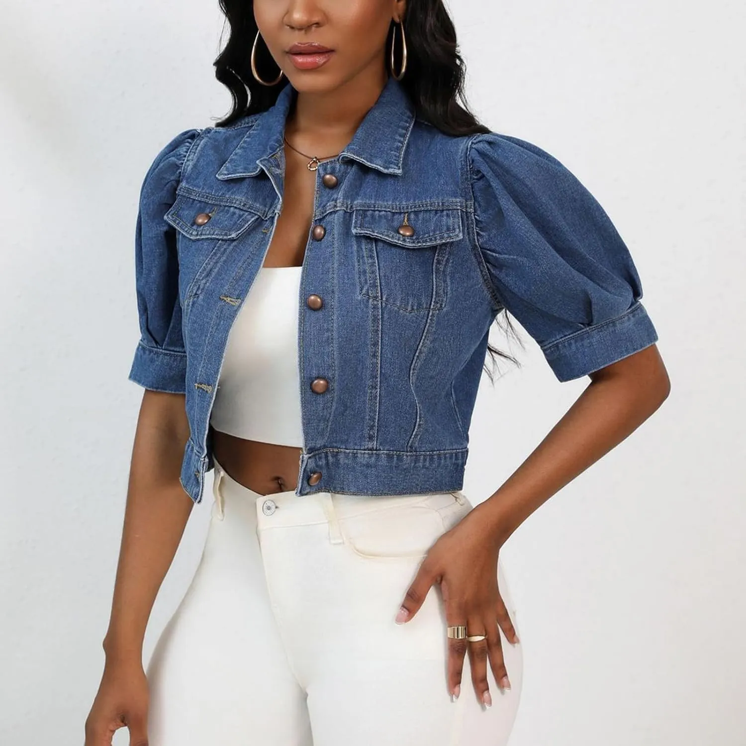 Oplxuo Women's Cute Puff Short Sleeve Denim Crop Top Slim Fit Cropped Jean Jacket Lapel Button Down Denim Outerwear