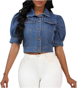 Oplxuo Women's Cute Puff Short Sleeve Denim Crop Top Slim Fit Cropped Jean Jacket Lapel Button Down Denim Outerwear