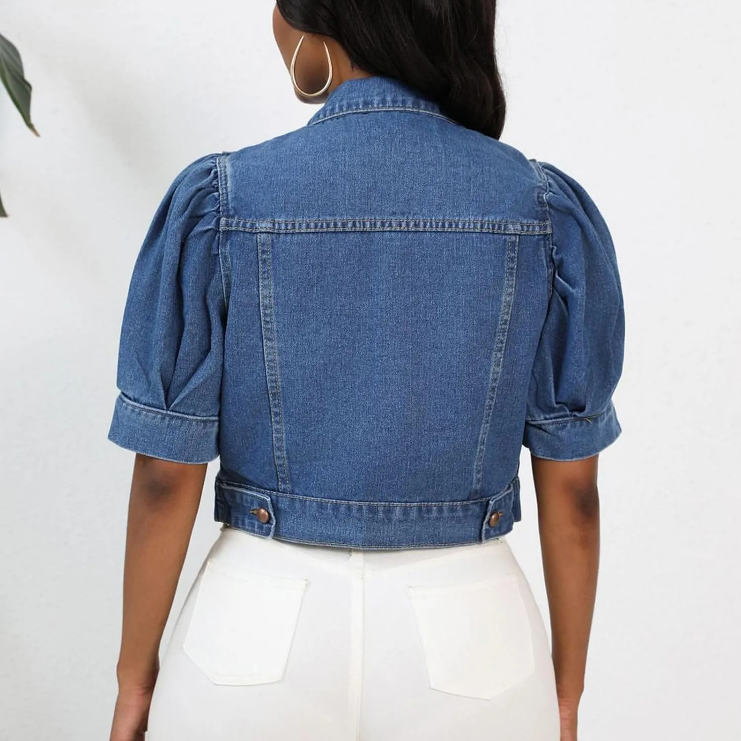 Oplxuo Women's Cute Puff Short Sleeve Denim Crop Top Slim Fit Cropped Jean Jacket Lapel Button Down Denim Outerwear