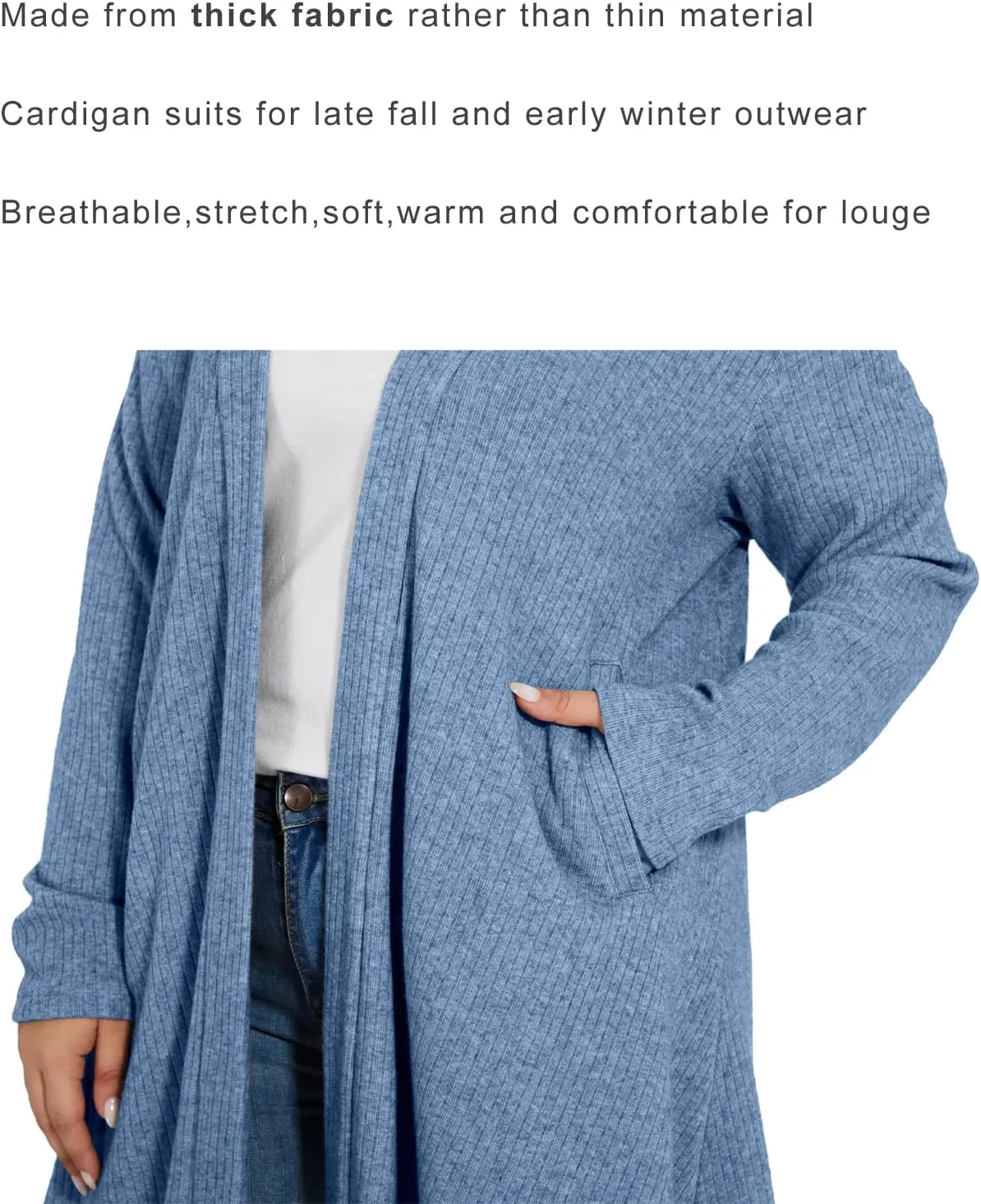OVERWORETY Long Sleeve Open Front Cardigan Sweaters for Women Plus Size Tunic Tops with Pockets