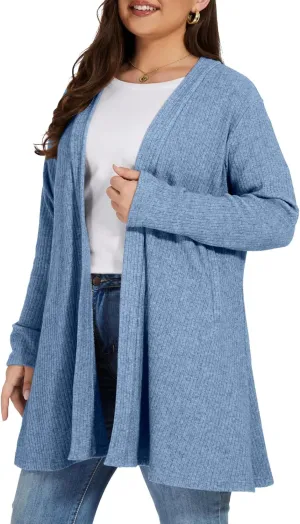 OVERWORETY Long Sleeve Open Front Cardigan Sweaters for Women Plus Size Tunic Tops with Pockets