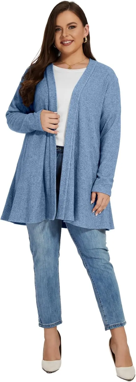 OVERWORETY Long Sleeve Open Front Cardigan Sweaters for Women Plus Size Tunic Tops with Pockets