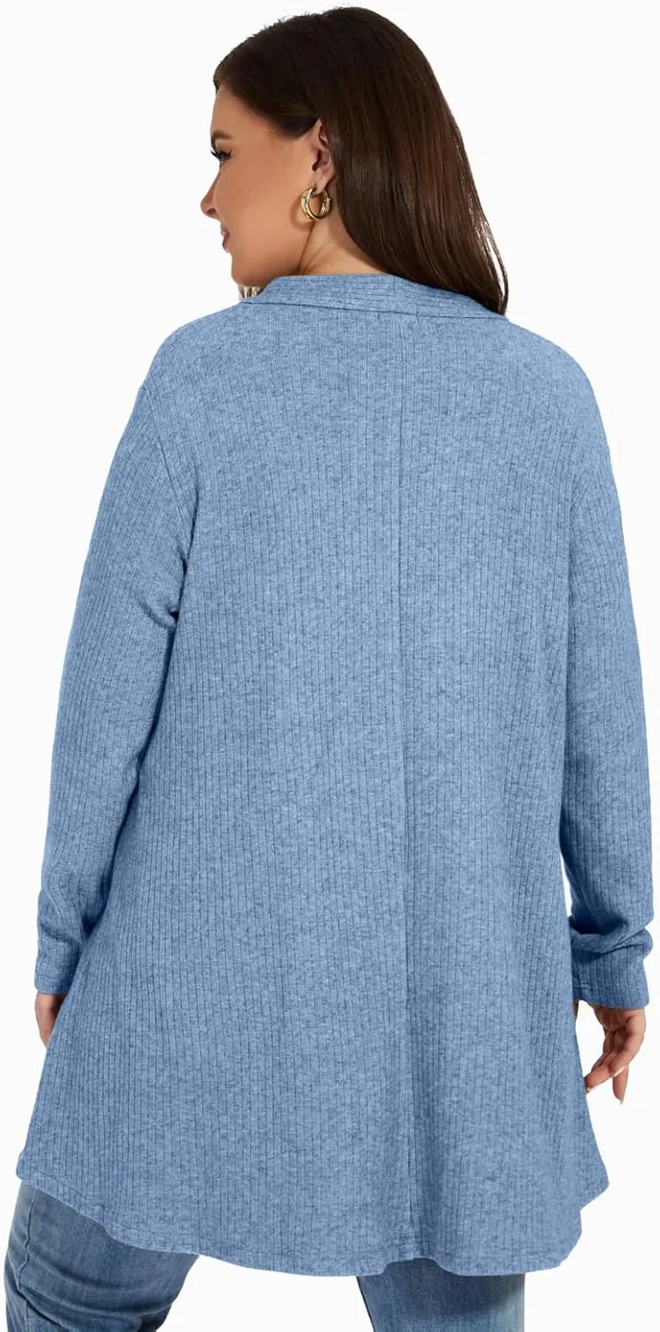 OVERWORETY Long Sleeve Open Front Cardigan Sweaters for Women Plus Size Tunic Tops with Pockets