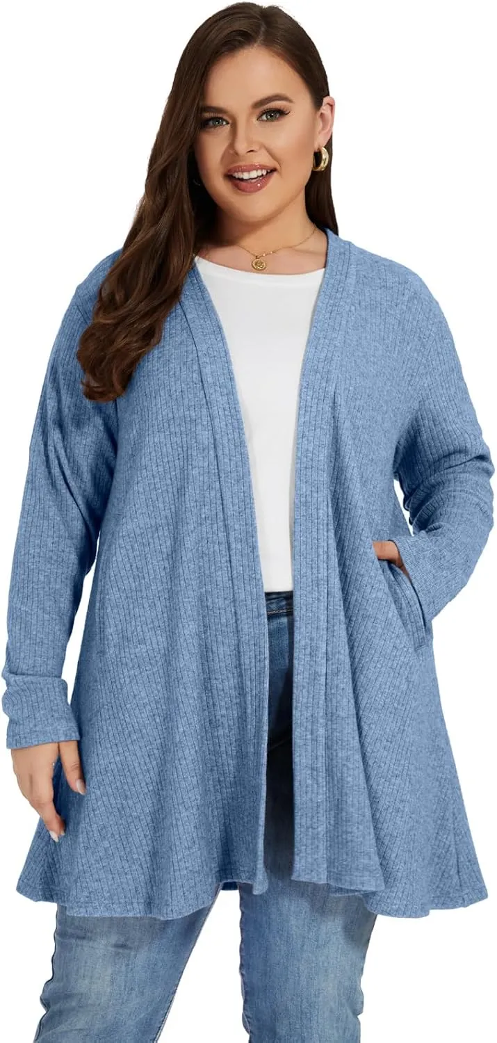 OVERWORETY Long Sleeve Open Front Cardigan Sweaters for Women Plus Size Tunic Tops with Pockets