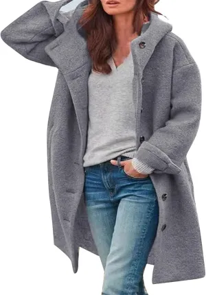 Pea Coats for Women Woolen Long Hooded Coat Fleece Jacket Button Down Winter Warm Outwear Casual Pea Coat with Pocket