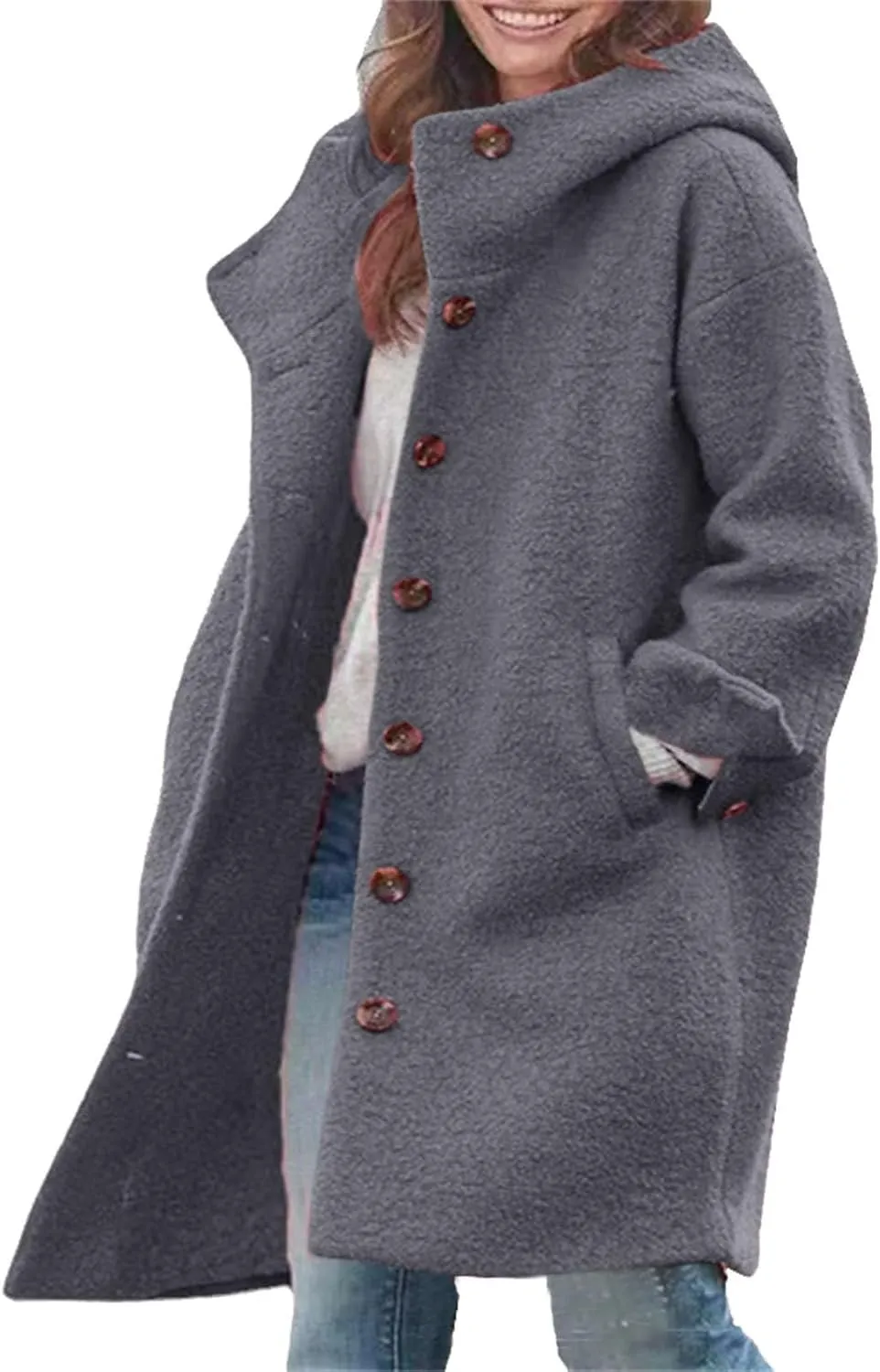 Pea Coats for Women Woolen Long Hooded Coat Fleece Jacket Button Down Winter Warm Outwear Casual Pea Coat with Pocket