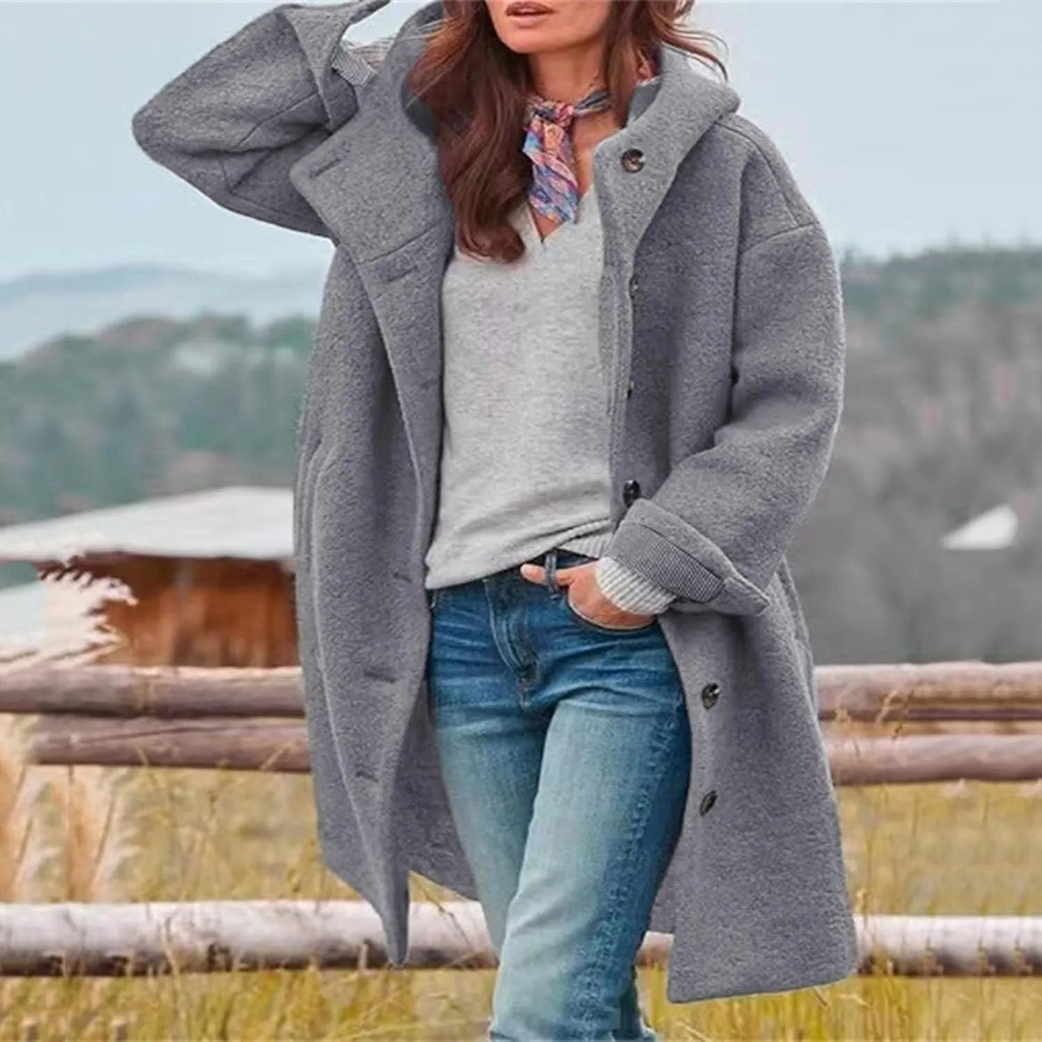 Pea Coats for Women Woolen Long Hooded Coat Fleece Jacket Button Down Winter Warm Outwear Casual Pea Coat with Pocket
