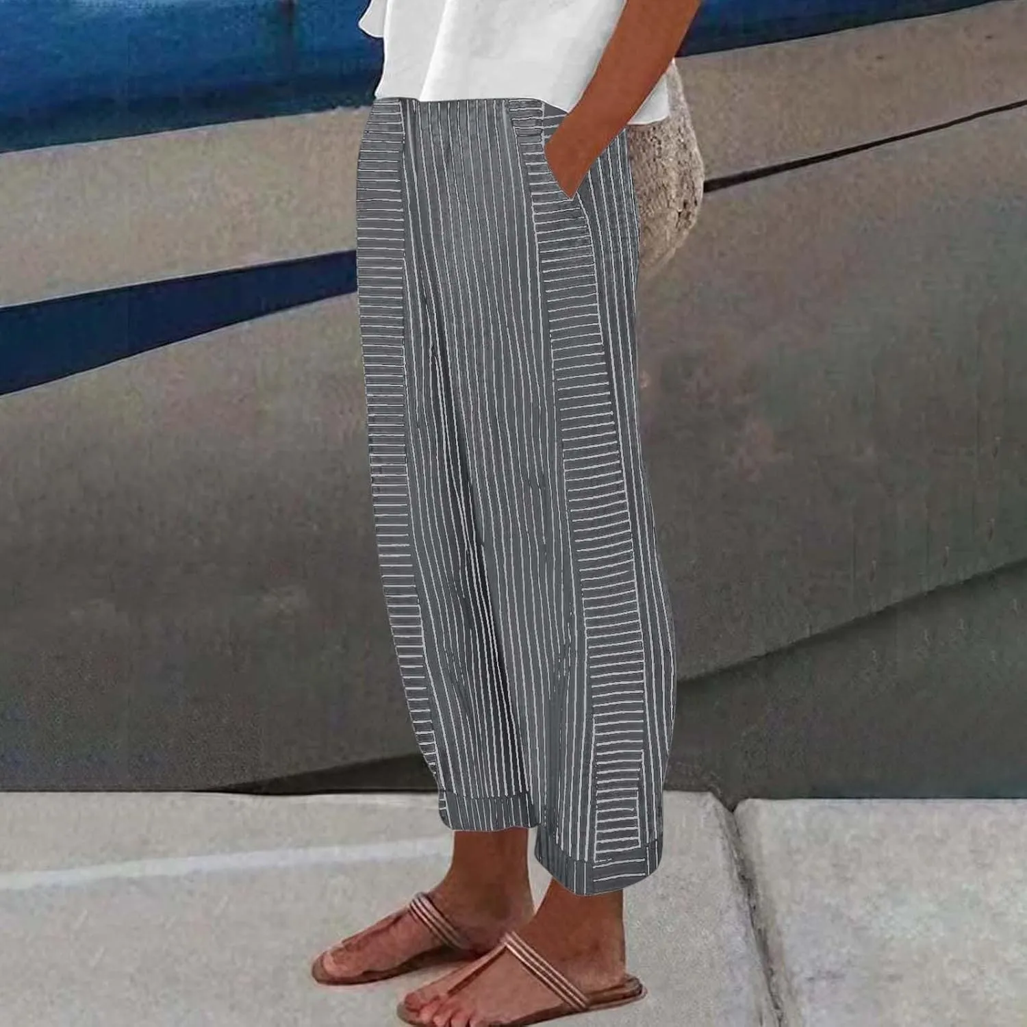 Petite Linen Pants for Women Geometric Texture Cotton Linen Casual Pants Loose Fit Drawstring Trousers with Pockets