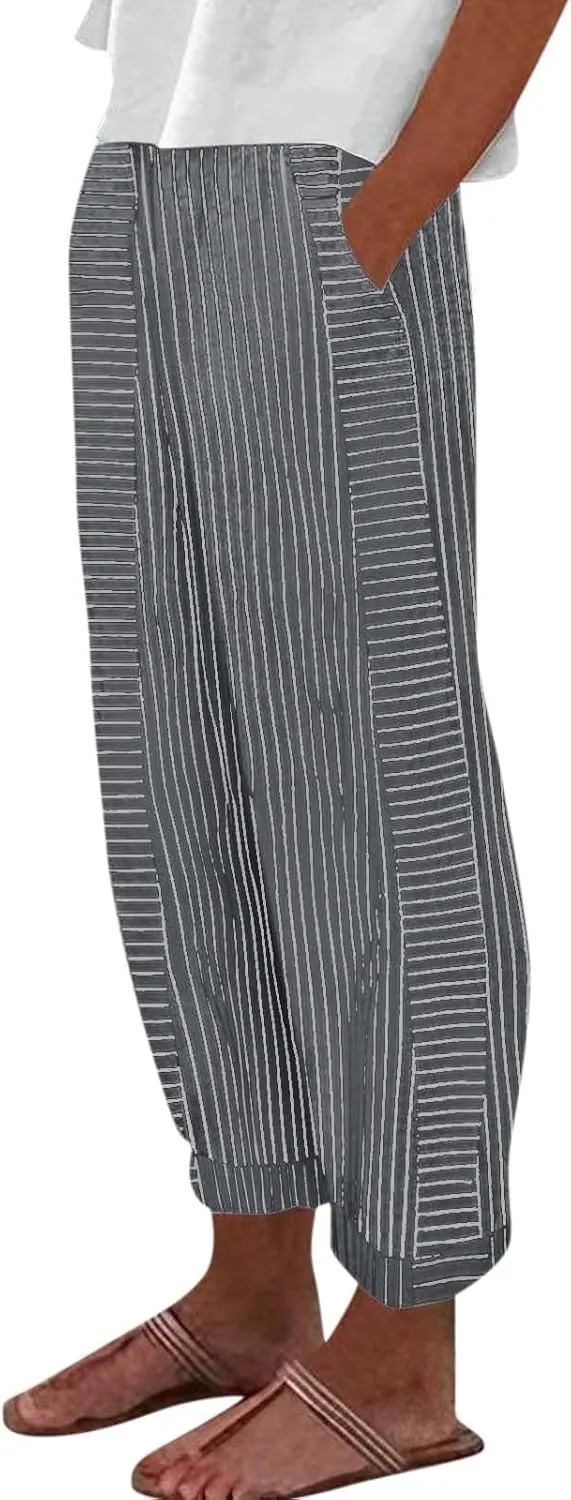 Petite Linen Pants for Women Geometric Texture Cotton Linen Casual Pants Loose Fit Drawstring Trousers with Pockets