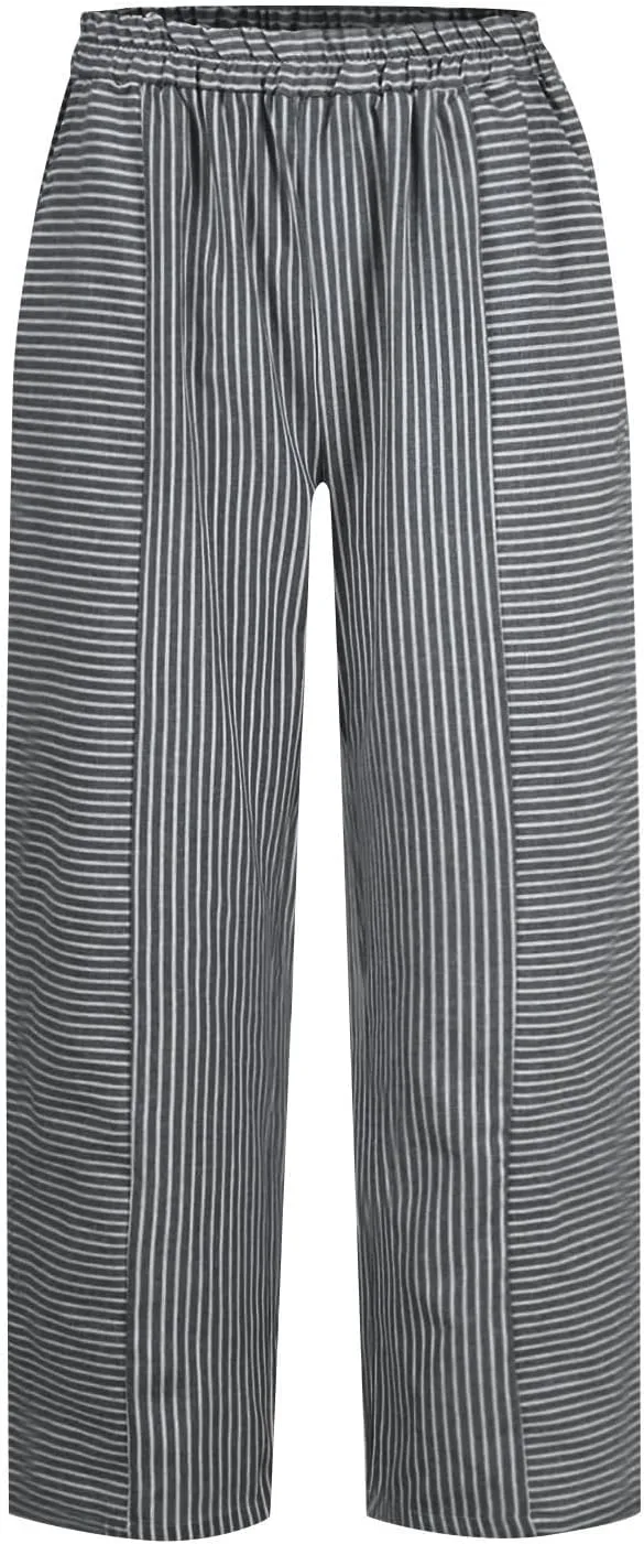 Petite Linen Pants for Women Geometric Texture Cotton Linen Casual Pants Loose Fit Drawstring Trousers with Pockets