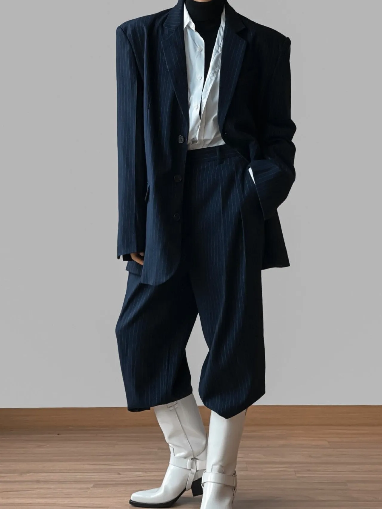 PIN STRIPE DOUBLE PLEATED WIDE TROUSERS