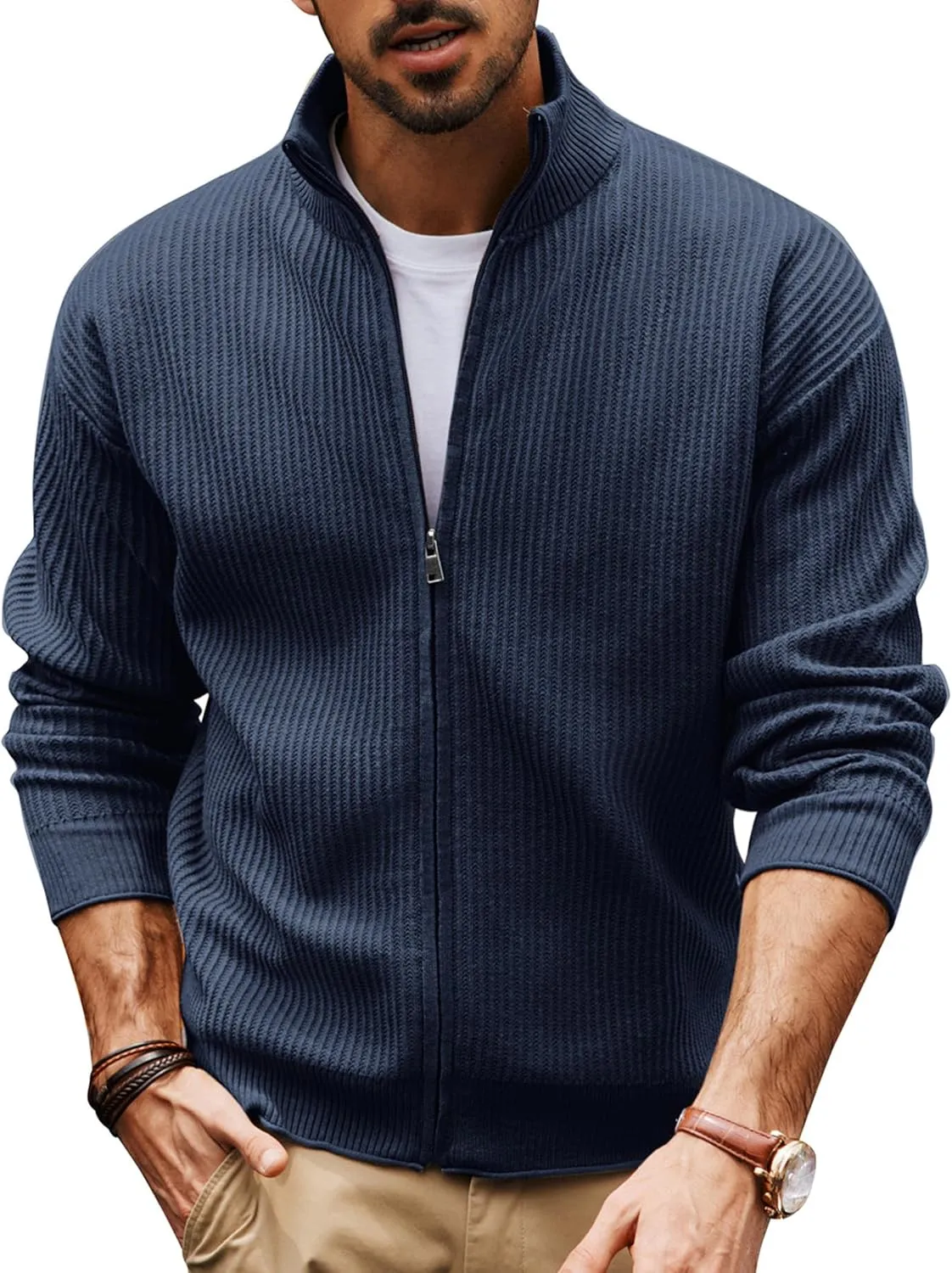 PJ PAUL JONES Mens Cardigan Sweaters Full Zip Up Knitted Casual Warm Slim Fit Knit Cardigans Navy Blue L