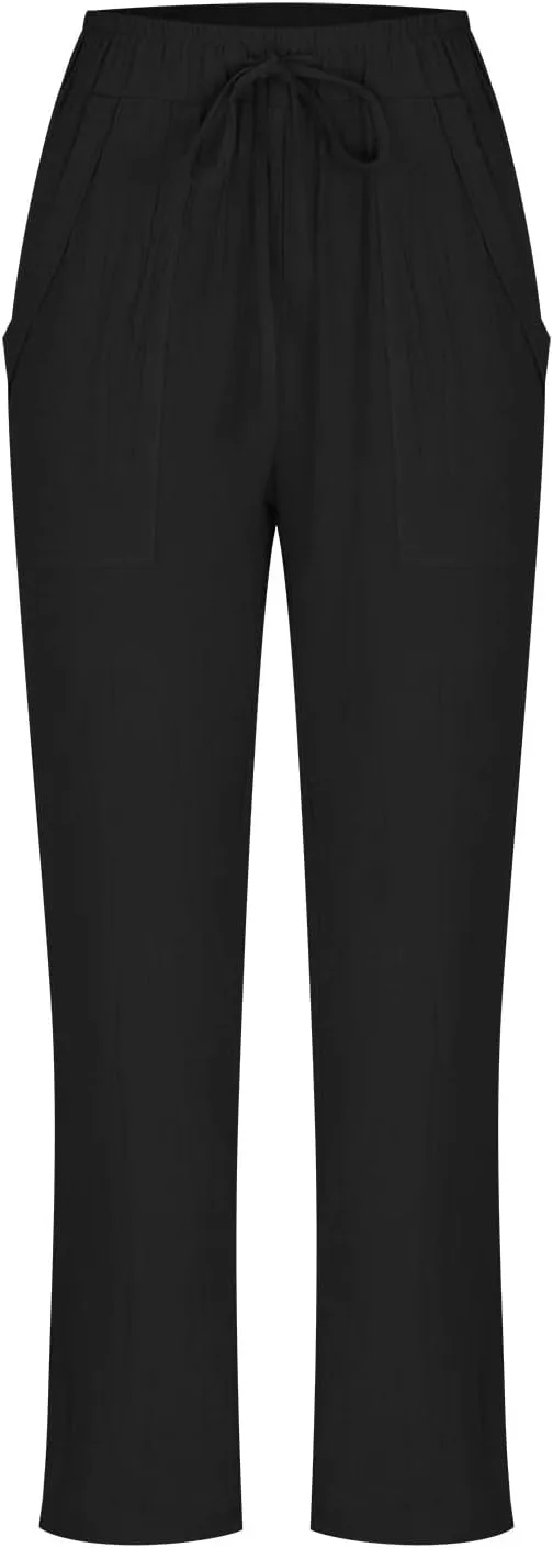Plus Size Casual Pants for Women, Cotton Linen Lightweight Breathable Tapered Trousers Drawstring Elastic Waist Slack