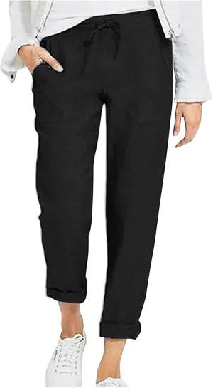 Plus Size Casual Pants for Women, Cotton Linen Lightweight Breathable Tapered Trousers Drawstring Elastic Waist Slack