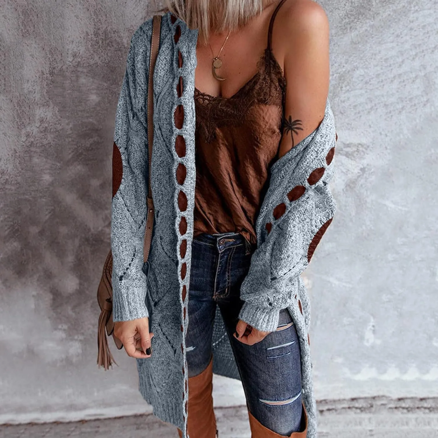 Plus Size Hooded Cardigans for Women Casual Elbow Patches Long Sleeve Cable Knit Long Open Front Cardigan Sweater Coat