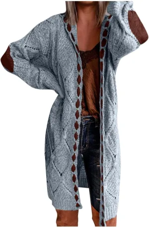 Plus Size Hooded Cardigans for Women Casual Elbow Patches Long Sleeve Cable Knit Long Open Front Cardigan Sweater Coat