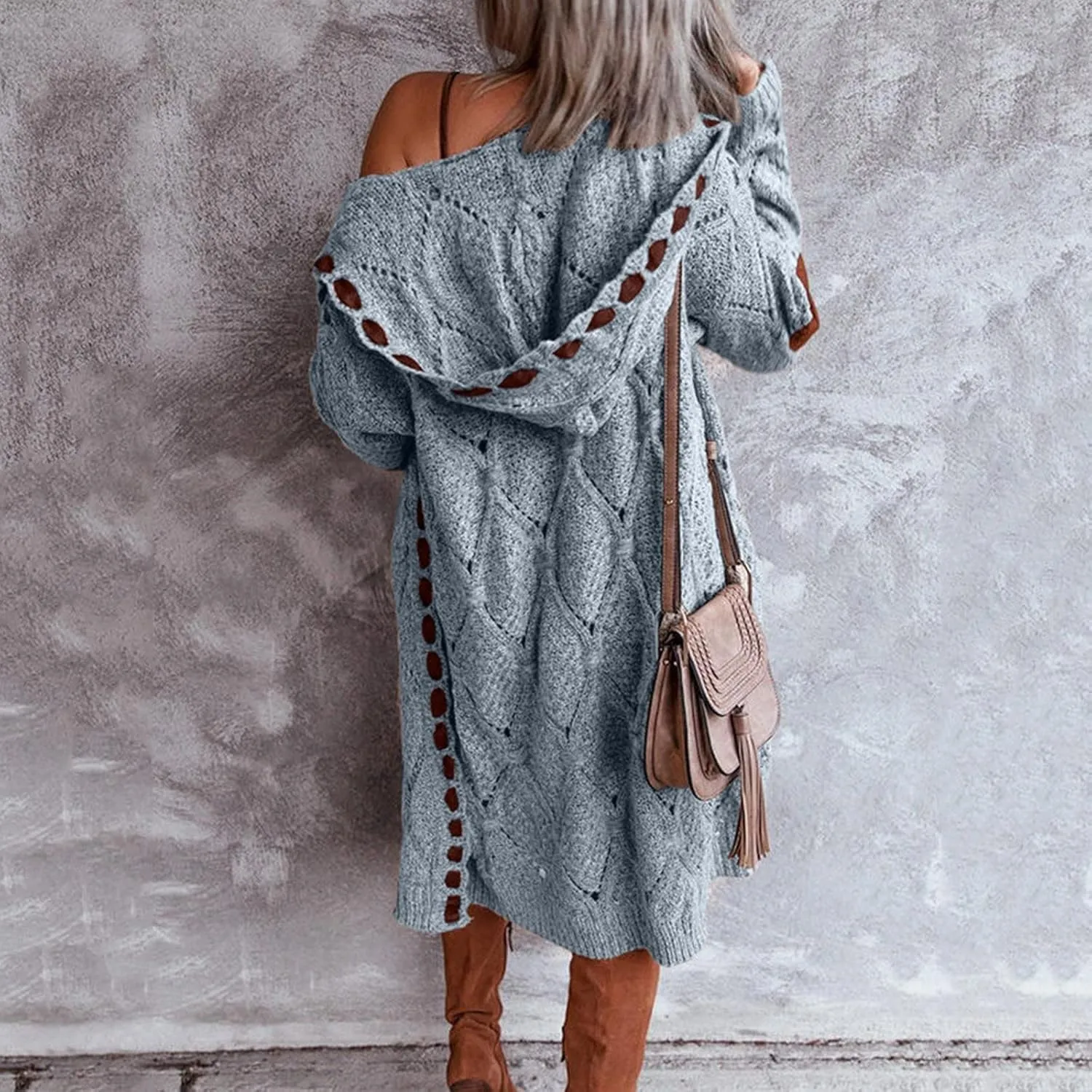 Plus Size Hooded Cardigans for Women Casual Elbow Patches Long Sleeve Cable Knit Long Open Front Cardigan Sweater Coat