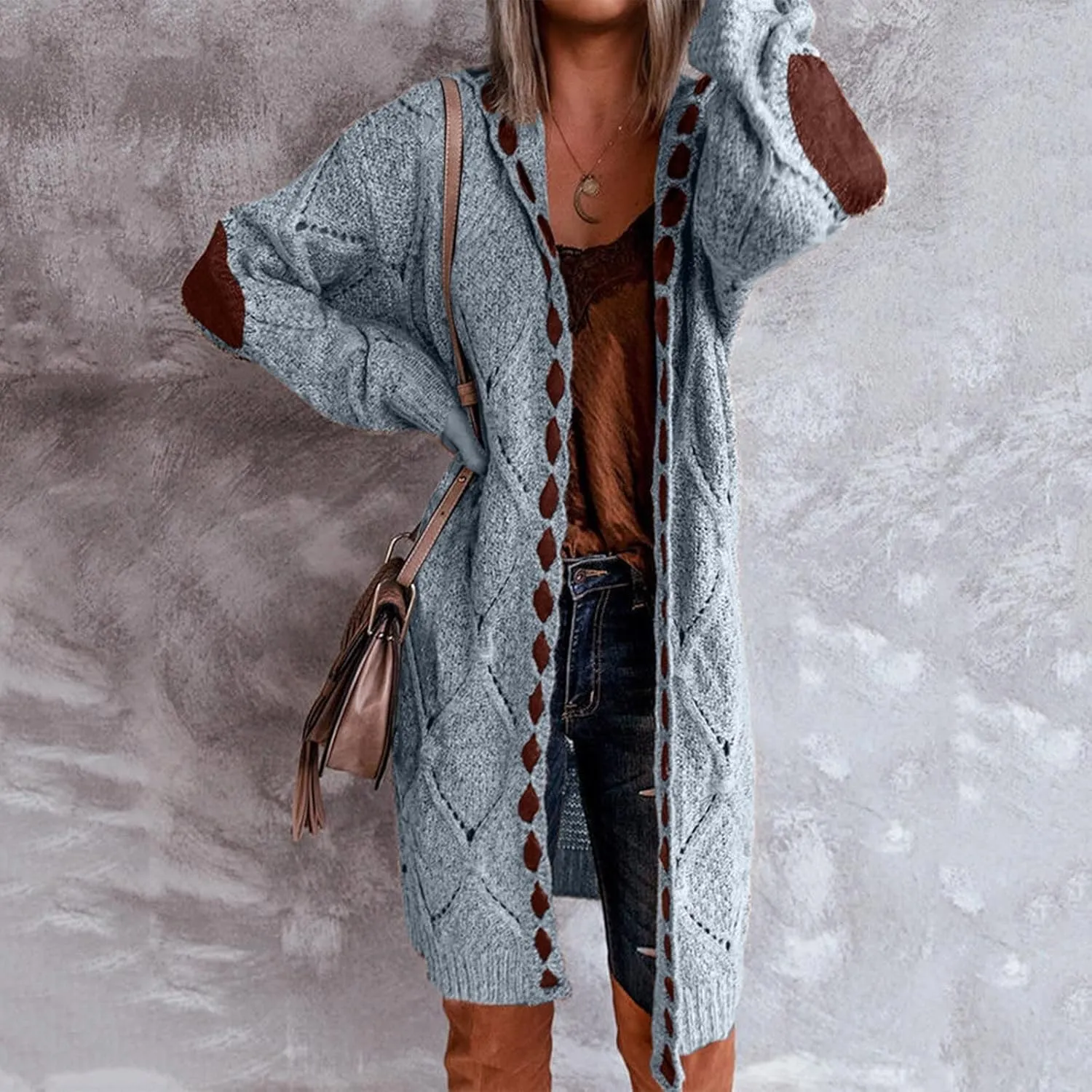 Plus Size Hooded Cardigans for Women Casual Elbow Patches Long Sleeve Cable Knit Long Open Front Cardigan Sweater Coat