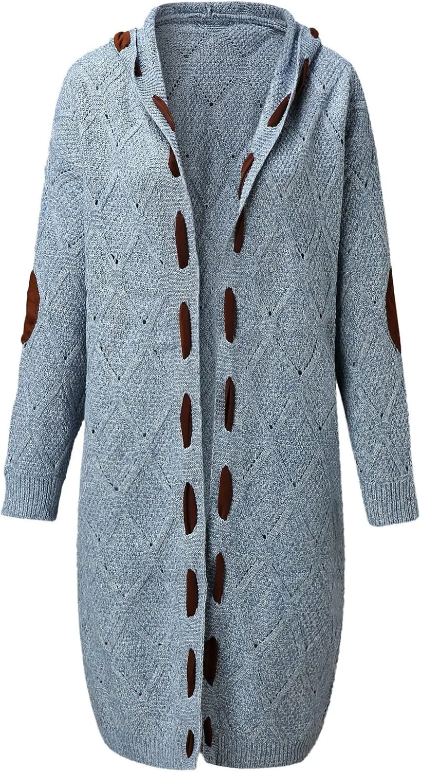 Plus Size Hooded Cardigans for Women Casual Elbow Patches Long Sleeve Cable Knit Long Open Front Cardigan Sweater Coat