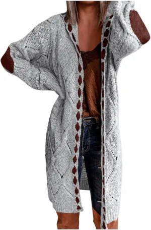 Plus Size Hooded Cardigans for Women Casual Elbow Patches Long Sleeve Cable Knit Long Open Front Cardigan Sweater Coat