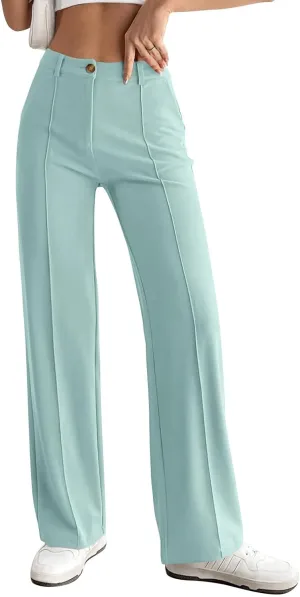 PRETTYGARDEN Straight Leg Pants Stretchy Button Business Casual Work Trousers Knit Elastic Waist Slacks